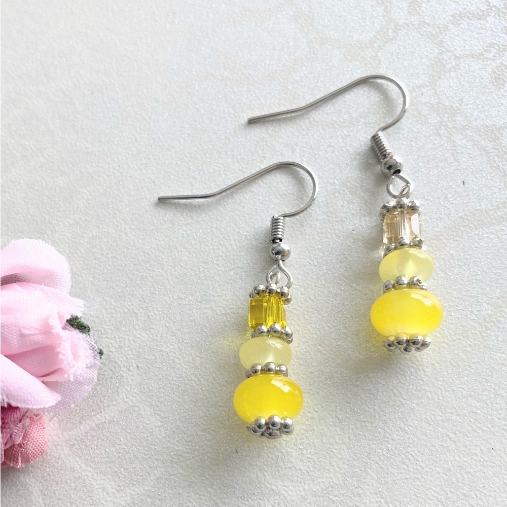 Yellow Glass and Crystal Beaded Dangle Earrings - Women Jewelry